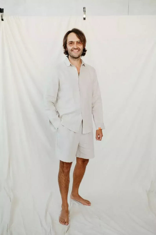 Sofa Killer smėlio spalvos vyriški linininiai marškiniai RAMLAT