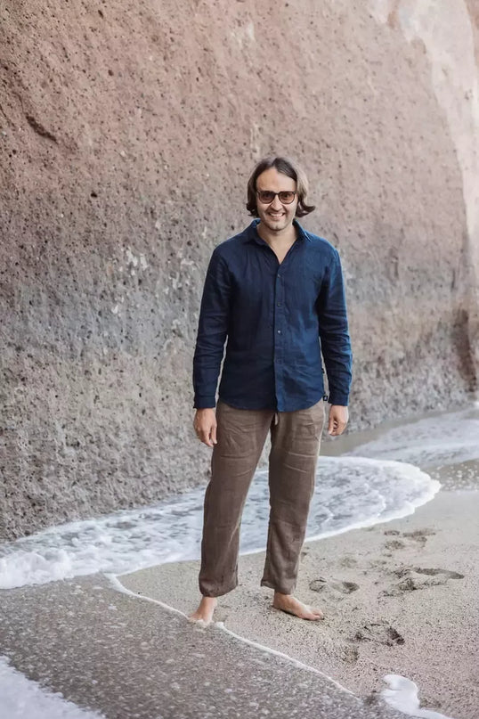 Sofa Killer tamsiai mėlynos spalvos vyriški linininiai marškiniai RAMLAT