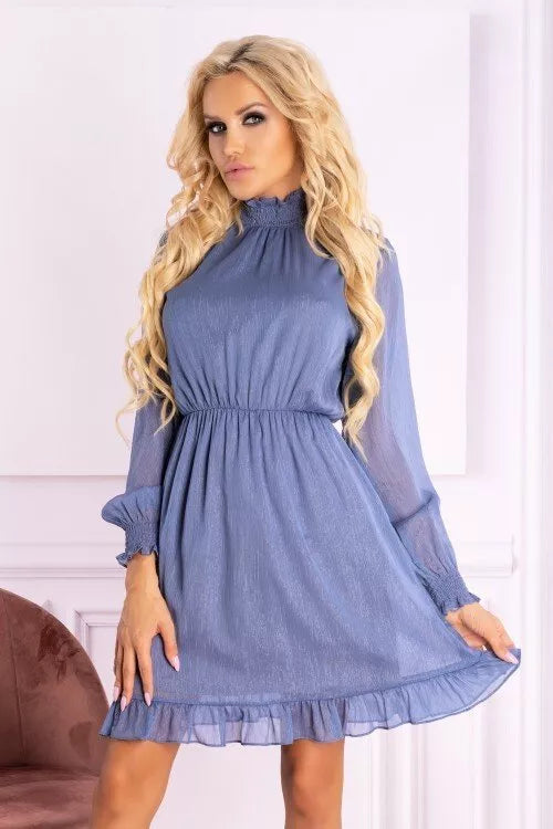 Marribel šviesiai mėlyna suknelė perregimom rankovėm Collya