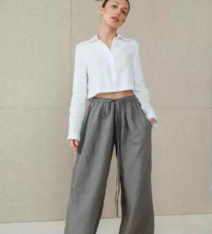 Sofa Killer pilkos spalvos linininės kelnės Doha