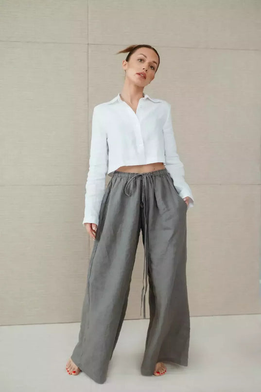 Sofa Killer pilkos spalvos linininės kelnės Doha