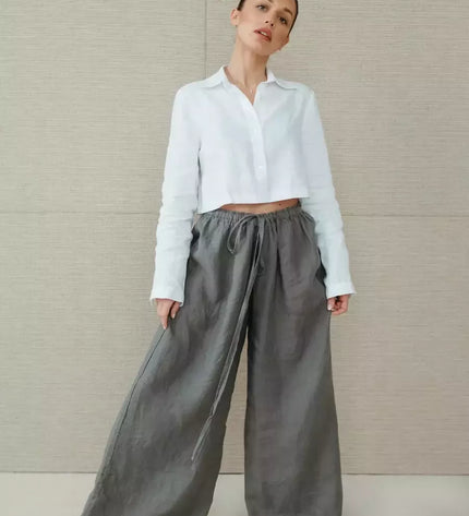 Sofa Killer pilkos spalvos linininės kelnės Doha