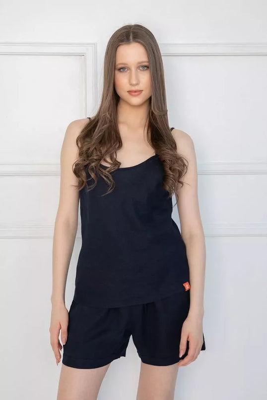 Sofa Killer tamsiai mėlynas lininis kostiumas su šortais