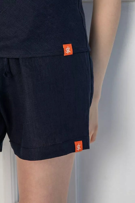 Sofa Killer tamsiai mėlynas lininis kostiumas su šortais