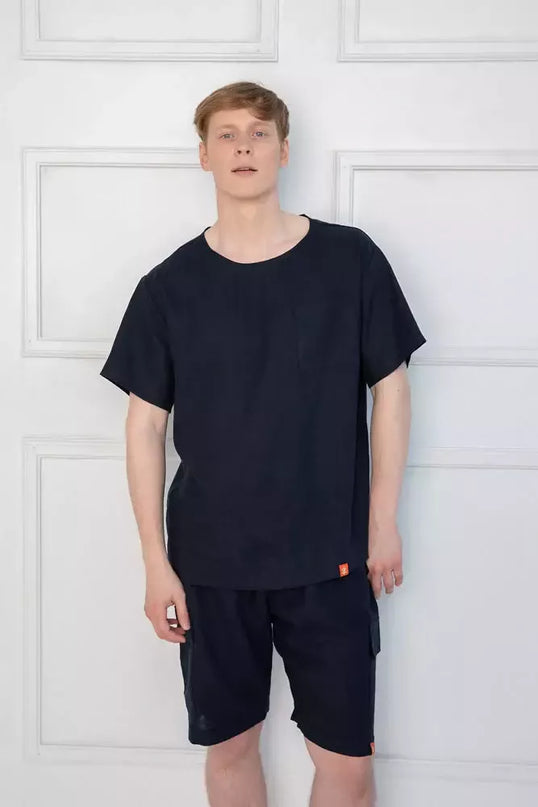 Sofa Killer tamsiai mėlynos spalvos vyriškas lininis kostiumas su šortais