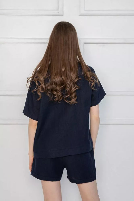 Sofa Killer tamsiai mėlynas lininis kostiumas su šortais