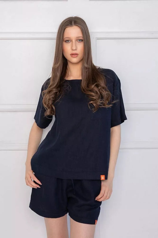 Sofa Killer tamsiai mėlynas lininis kostiumas su šortais