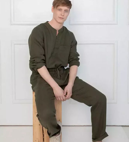 Sofa Killer tamsiai žalios spalvos vyriškas lininis kombinezonas