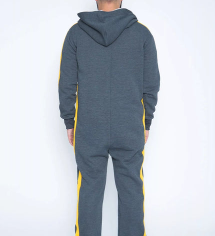 Sofa Killer tamsiai pilkas kombinezonas su geltonom vertikaliom juostom