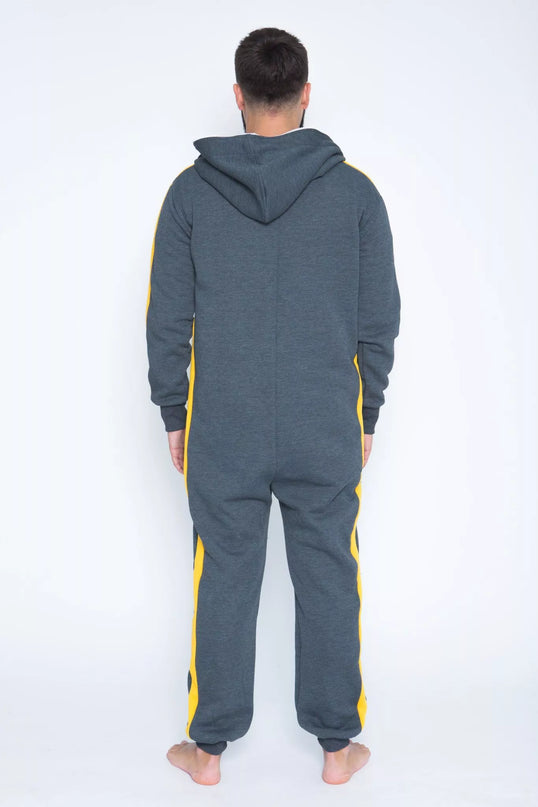 Sofa Killer tamsiai pilkas kombinezonas su geltonom vertikaliom juostom