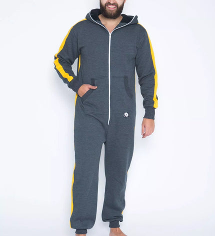 Sofa Killer tamsiai pilkas kombinezonas su geltonom vertikaliom juostom