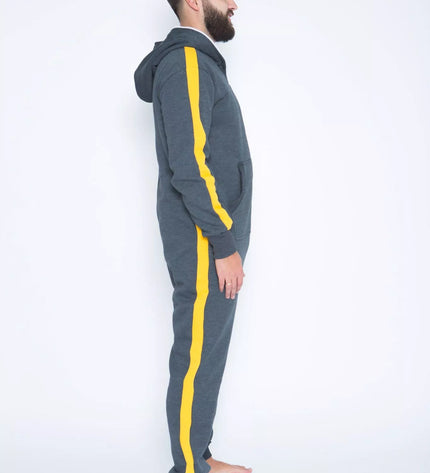 Sofa Killer tamsiai pilkas kombinezonas su geltonom vertikaliom juostom