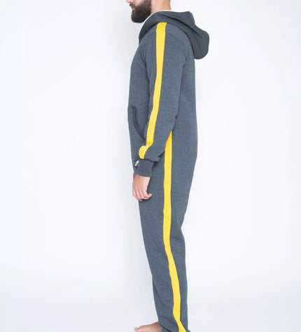 Sofa Killer tamsiai pilkas kombinezonas su geltonom vertikaliom juostom