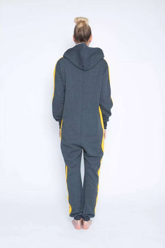 Sofa Killer tamsiai pilkas kombinezonas su geltonom vertikaliom juostom