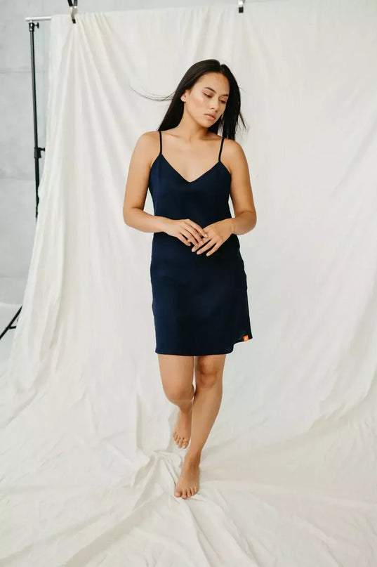 Sofa Killer tamsiai mėlyna lininė suknelė YALAN