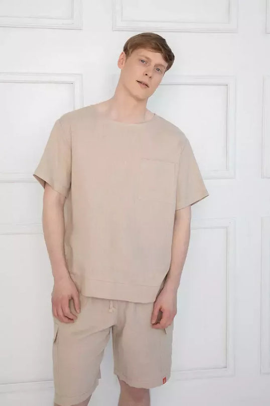 Sofa Killer smėlio spalvos vyriškas lininis kostiumas su šortais