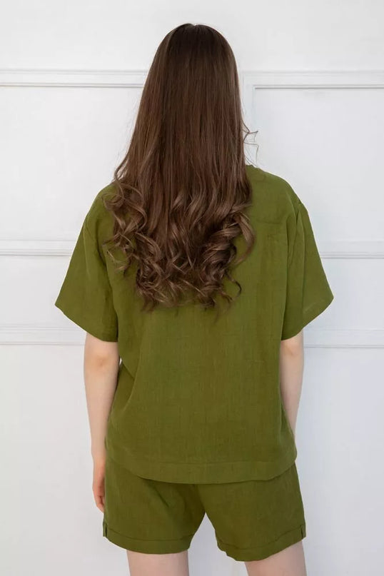 Sofa Killer samanų spalvos lininis kostiumas su šortais