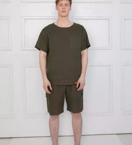 Sofa Killer tamsiai žalios spalvos vyriškas lininis kostiumas su šortais