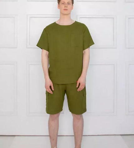 Sofa Killer samanų spalvos vyriškas lininis kostiumas su šortais