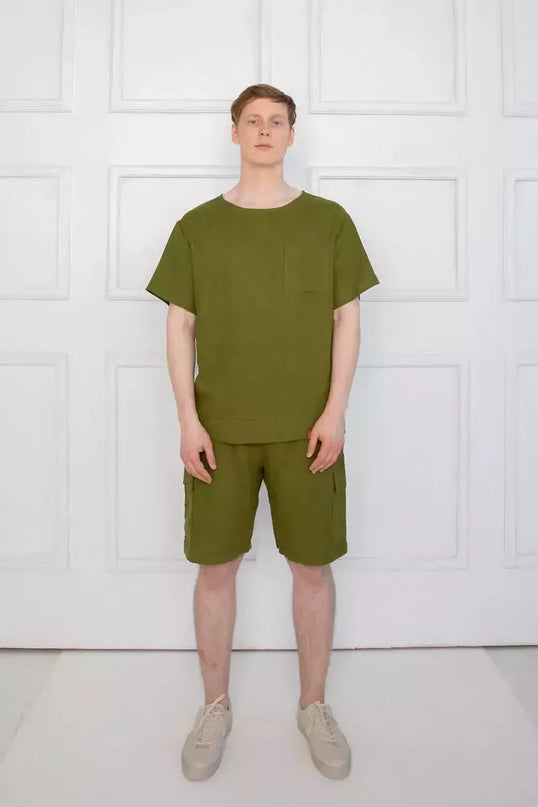 Sofa Killer samanų spalvos vyriškas lininis kostiumas su šortais