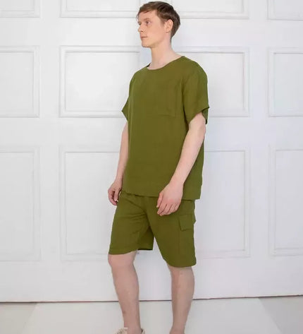 Sofa Killer samanų spalvos vyriškas lininis kostiumas su šortais