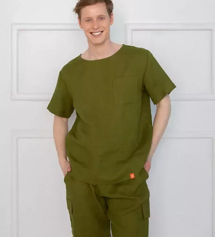 Sofa Killer samanų spalvos vyriškas lininis kostiumas su šortais