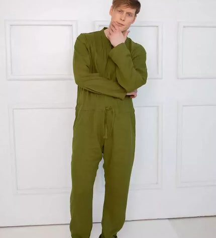 Sofa Killer samanų spalvos vyriškas lininis kombinezonas