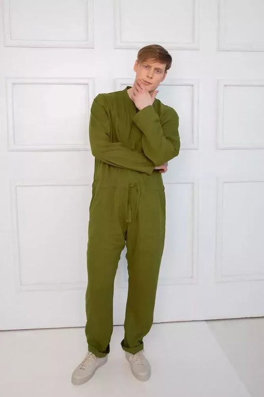 Sofa Killer samanų spalvos vyriškas lininis kombinezonas