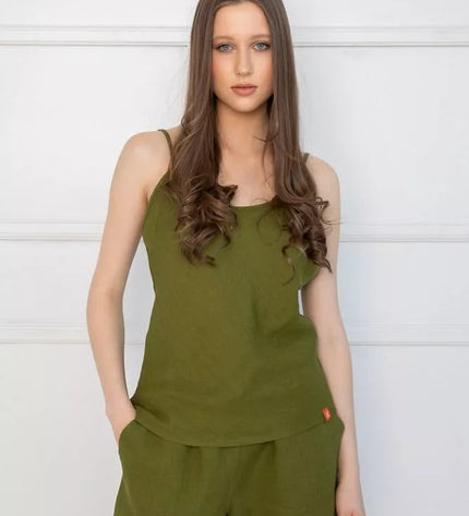 Sofa Killer samanų spalvos lininis kostiumas su šortais