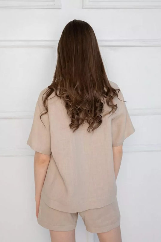 Sofa Killer kūno spalvos lininis kostiumas su šortais