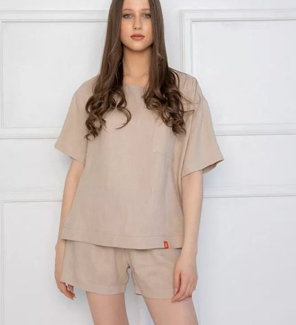 Sofa Killer kūno spalvos lininis kostiumas su šortais