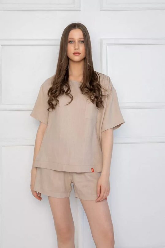 Sofa Killer kūno spalvos lininis kostiumas su šortais