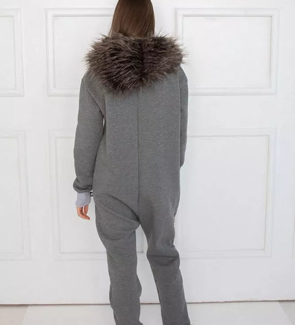 Sofa Killer pilkas kombinezonas su kailiniu kapišonu