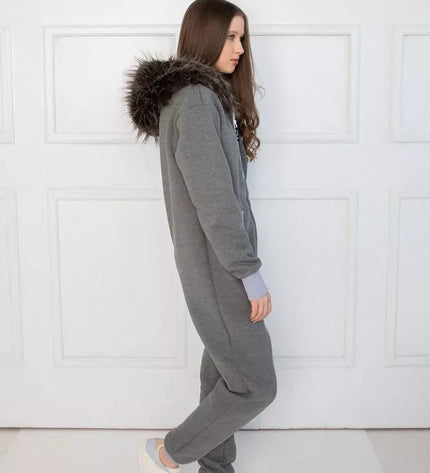 Sofa Killer pilkas kombinezonas su kailiniu kapišonu