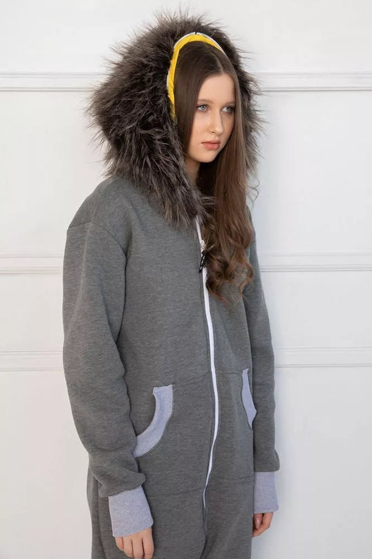 Sofa Killer pilkas kombinezonas su kailiniu kapišonu