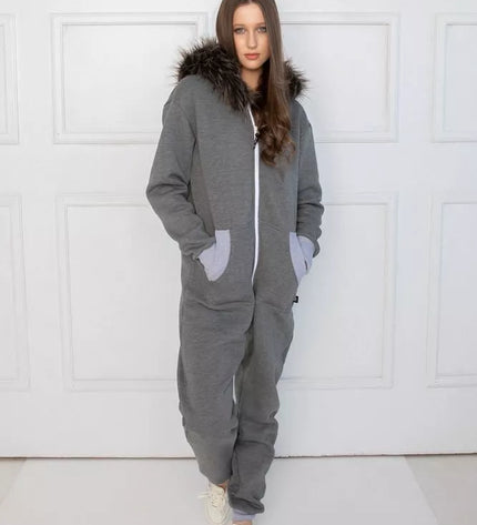 Sofa Killer pilkas kombinezonas su kailiniu kapišonu
