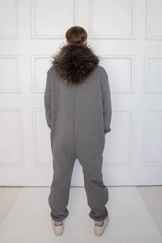 Sofa Killer pilkas kombinezonas su kailiniu kapišonu