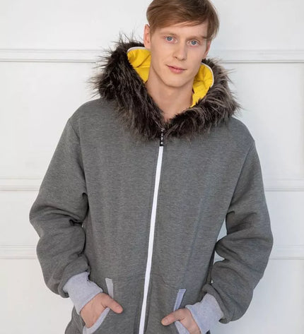 Sofa Killer pilkas kombinezonas su kailiniu kapišonu