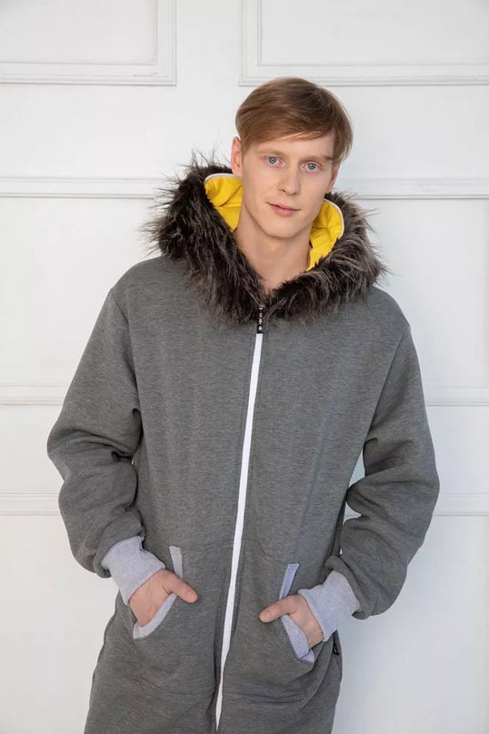 Sofa Killer pilkas kombinezonas su kailiniu kapišonu