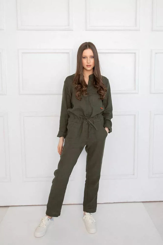 Sofa Killer tamsiai žalias lininis kombinezonas