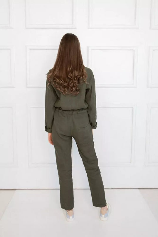 Sofa Killer tamsiai žalias lininis kombinezonas