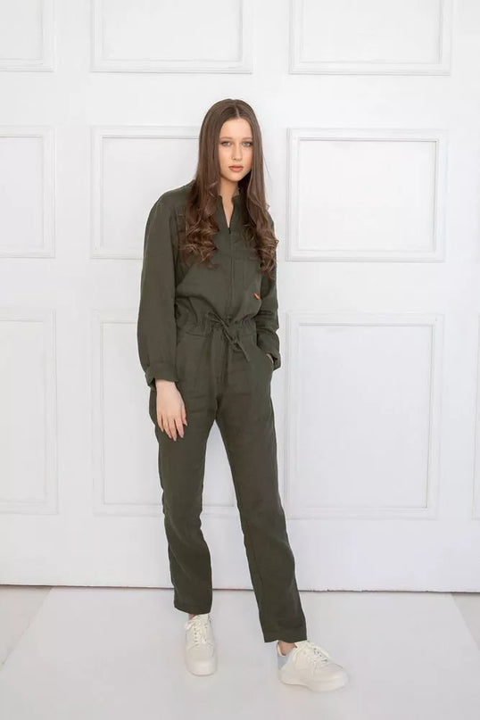 Sofa Killer tamsiai žalias lininis kombinezonas